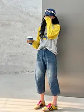 ハイウエストのダブルプリーツデザイン クロップドデニムパンツ【女性用・ゆったりシルエット・スリム効果】