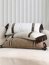  tassel付きロングクッション【米白・オレンジ・ソファ用・ホテル向け】