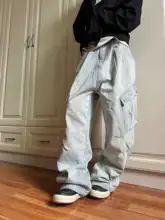 アメリカンヴィンテージ風 褶皺デザイン 多ポケットカーゴデニムパンツ【ユニセックス・ストレート・フィット・カジュアル】