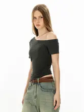 OFFSOUL 不規則デザイン 斜め肩短袖Tシャツ【フィット感あり・ウエスト絞り・女性用】