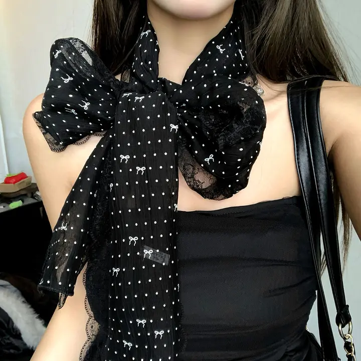 黒いドット柄リボン付きロングスカーフ【ファッション・軽量・首元アクセサリー】