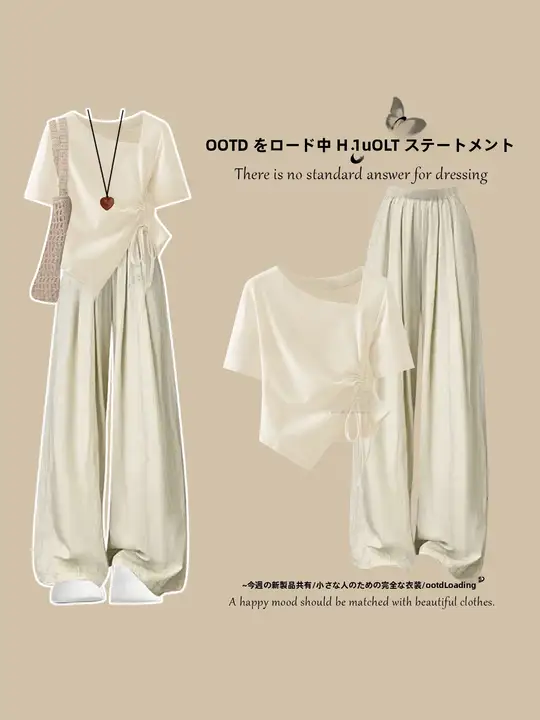 夏にぴったりの斜め肩デザイン短袖Tシャツ【女性用・カジュアル・小柄向け】（セットアップ対応）