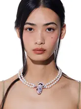 ドット柄デニムファー小熊パールネックレス【女性用・誕生日ギフト】