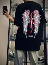 高品質コットン製 赤光魔剣と翼のデザインTシャツ【男女兼用・夏用・ゆったりフィット】