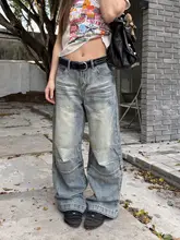 ユニセックス ストレートフィットデニムパンツ【ウォッシュ加工・クラフト風・カジュアル・ワイドレッグ】