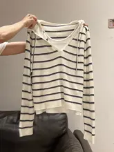 ストライプカラーコンビネーション長袖フード付きニットトップス【春秋用・フィット・体型カバー】（セットアップ対応）