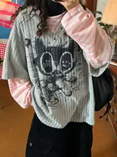 春春用カートゥーン風 小猫デザインの長袖Tシャツ【ゆったりとした着心地・デザイン性のある重ね着風】