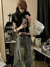 ヴィンテージ風 スプラッターデザイン ダメージデニムパンツ【長丈・ワイドストレート・レディース】