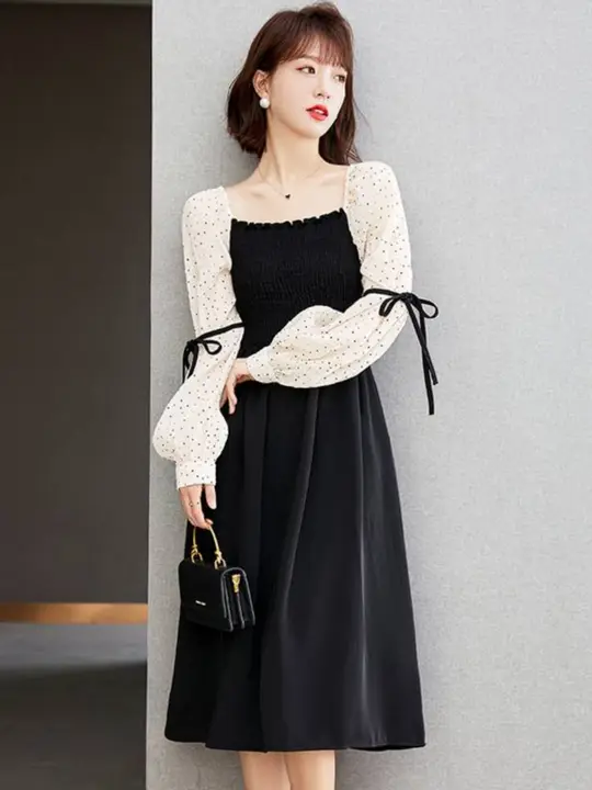 フレンチスタイルの方領デザイン ワンピース【ウエストシェイプ・リボン付き・Aライン】（セットアップ対応）