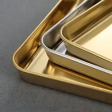 ステンレス製 長方形平底プレート【狭い縁・金色・韓国風料理用・小皿】