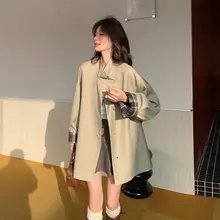 カジュアルなカーキ色チェック柄のステンカラーコート【春用・女性向け・小柄サイズ】