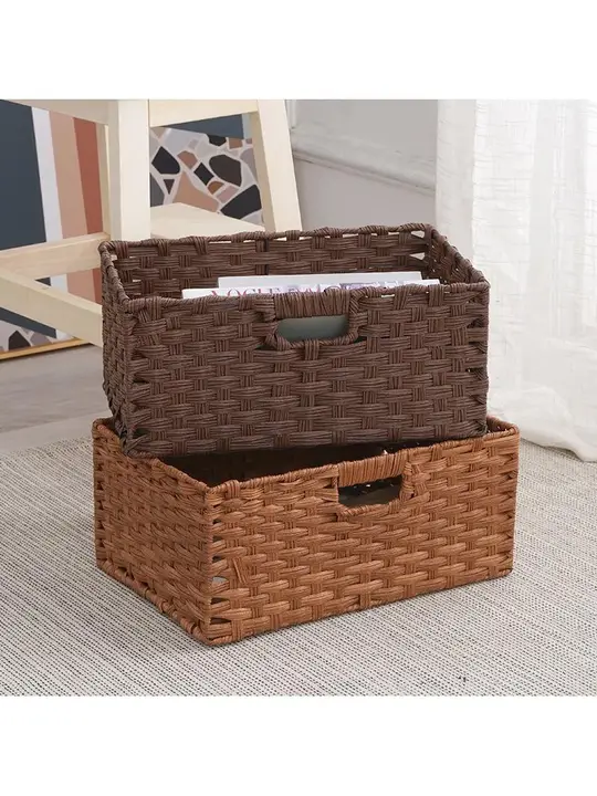 日本風デザインの仿藤収納バスケット【デスクトップ用・ハンドル付き・手編み】