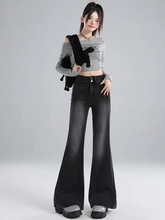 秋用ハイウエストフレアジーンズ【ブラックグレー・フィット・女性用】