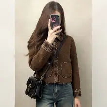 チェック柄ラムウール風ショートコート【厚手・小柄向け・レトロデザイン】