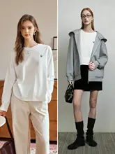 フレンチデザイン刺繍入りコットン長袖Tシャツ【女性用・白・クルーネック・カジュアル】