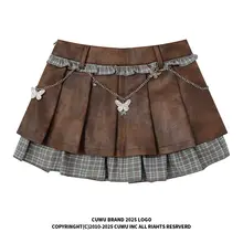 カフェ色PUレザー切り替えチェック柄ハイウエストAラインプリーツスカート【秋用・女性用・スタイリッシュ】