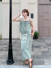 レース切り替えのフリルデザインデニムノースリーブトップスとスカート【夏用・女性用・魅力的なデザイン】（セットアップ対応）
