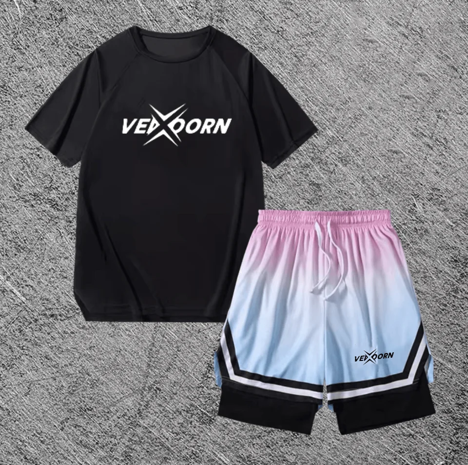 男士用 バスケットボールTシャツ【ショートスリーブ・速乾・トレーニング用・グラデーション短パン】（セットアップ対応）