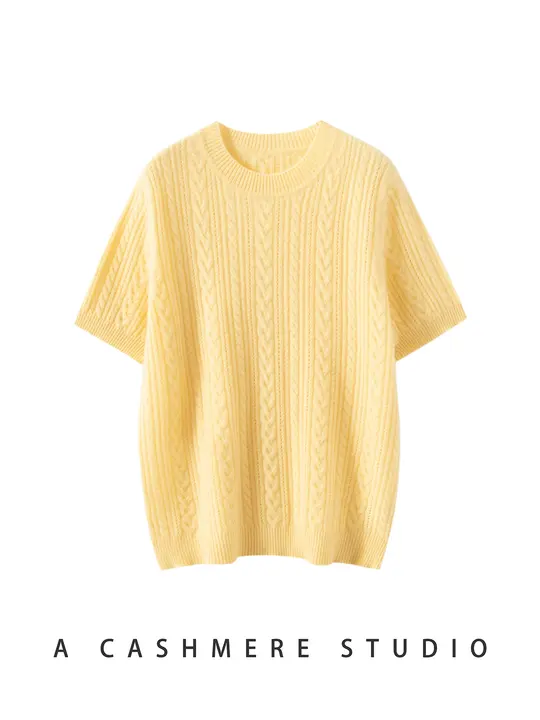 シンプルデザインの半袖ニットトップス【100%カシミヤ・ラウンドネック・秋冬用】