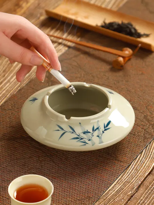 灰皿 陶器 手描き 草木灰釉 チャイナテイスト ヴィンテージ シンプル ビッグサイズ おしゃれ 家庭用 リビング オフィス