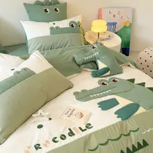 可愛いワニ刺繍の洗えるコットン四点寝具セット【男の子・子供向け】（セットアップ対応）