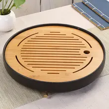 陶器製 丸型茶盤【シンプルデザイン・竹製トレイ】