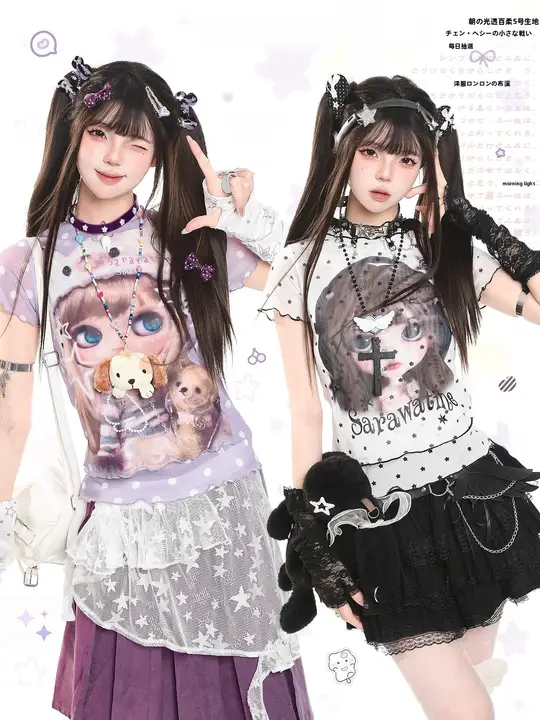 カジュアルなアニメプリントの半袖Tシャツ【夏用・透け感あり・フィット感】（セットアップ対応）