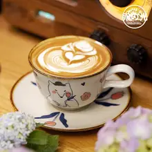 日式カートゥーンイラストの釉薬変化陶器製コーヒーカップ【アフタヌーンティー用・ラテアート対応】（セットアップ対応）