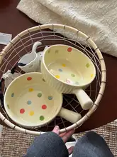 ミルクイエローのカラフルドット陶器片手ボウル【フルーツ・スープ用・家庭用】