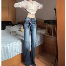美脚効果のあるアメリカンレトロ風フレアデニムパンツ【低腰・スリム・ヒップアップ】
