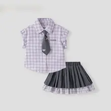 女の子用夏季ファッションカジュアルトップス【学院風・チェック柄・百褶スカート・二枚組（セットアップ対応）】