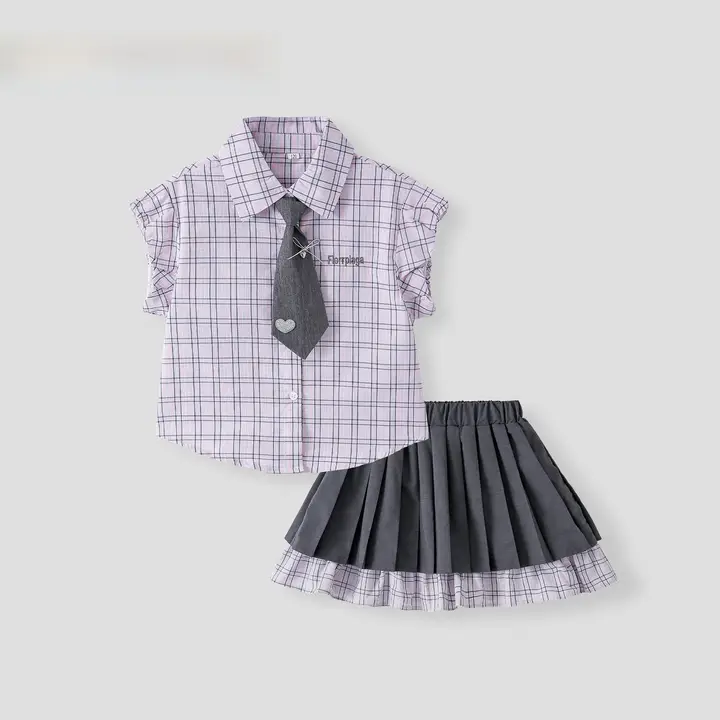 女の子用夏季ファッションカジュアルトップス【学院風・チェック柄・百褶スカート・二枚組（セットアップ対応）】
