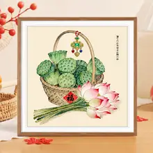 現代的な蓮の花と福字の刺繍【シンプルな手作りデザイン・リビングやダイニングに最適】