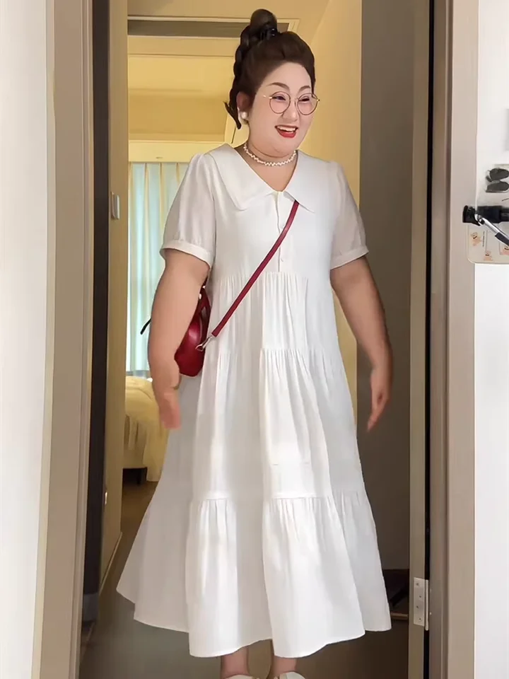 夏用大きいサイズ フレンチスタイル ホワイトドレス【ウエスト絞り・中長丈・小柄対応】