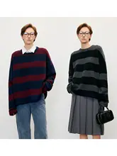 蝶之河 羊毛製 アメリカンカレッジ風 ビンテージ粗編みワッフルストライプ セーター【オーバーサイズ・長袖】