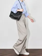 春にぴったり！シンプルなデザインの高腰リネン混パンツ【浅灰色・ストレート・ラグジュアリー】
