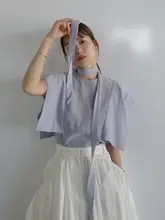 純色コットンリネンの短袖トップス【リボンデザイン・レトロスタイル・夏用】