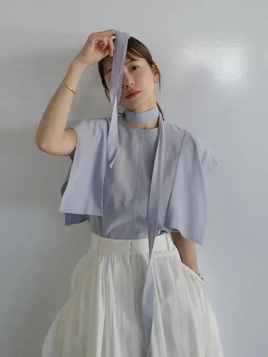 純色コットンリネンの短袖トップス【リボンデザイン・レトロスタイル・夏用】