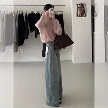 春秋向け 大人のカジュアルファッション！ピンクのニットとブルーのワイドパンツ【高級感あふれるデザイン】（セットアップ対応）