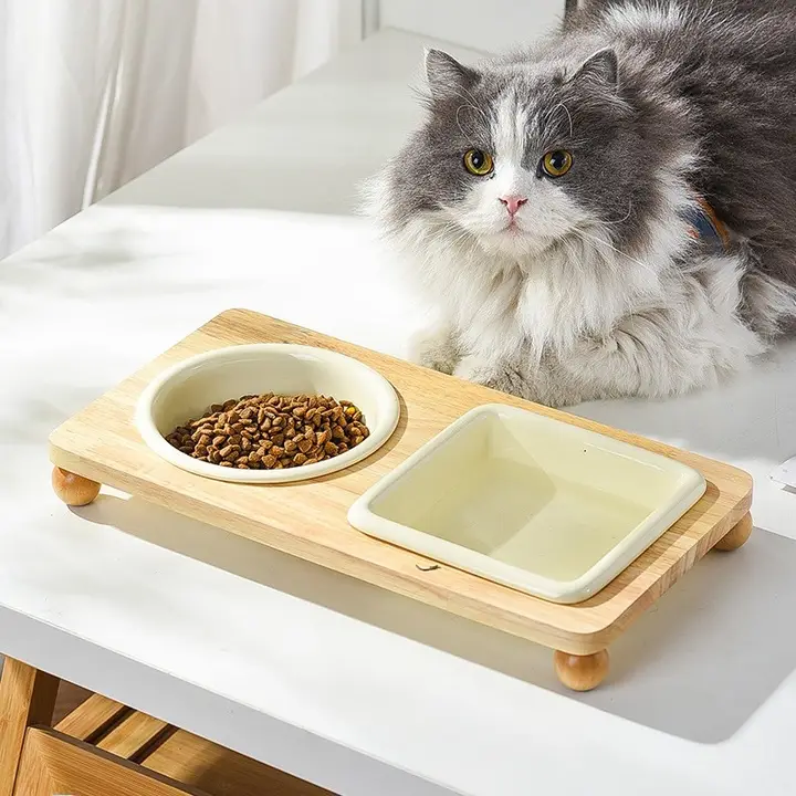 猫用陶器フードボウル【ダブルボウル・首をサポート・スタイリッシュデザイン】（セットアップ対応）