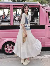 休暇スタイルのパフスリーブワンピースとレースフリンジベスト【春夏用・華やかなデザイン】（セットアップ対応）