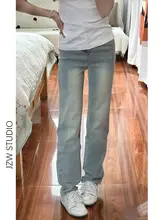 レトロな浅青色のハイウエストスリムストレートデニムパンツ【春用・スリムフィット・フルレングス】