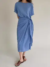 夏用 レディース ドレープデザインのウエストリボン付きミディドレス【ラウンドネック・半袖】