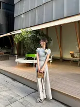 夏用コーディネートのブルー短袖トップスとワイドパンツ【甘さとクールなスタイル・セットアップ対応】