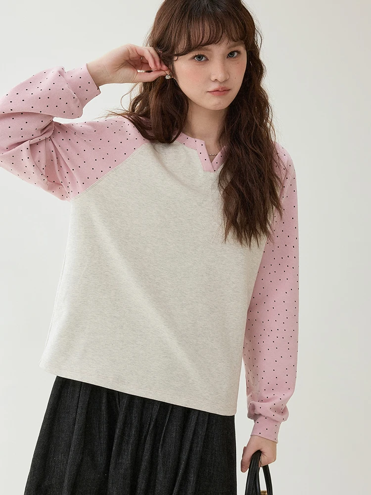 ドット柄 レディース ゆったりTシャツ【ラウンドVネック・春用・デザイン】