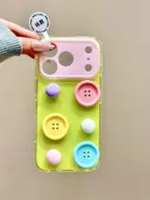 マカロンカラーの立体的なボタン付きiPhone用ケース【全包み型・女性向け】