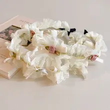 本守造 手作りパールローズリボンヘアバンド【フリル付き・米白色】