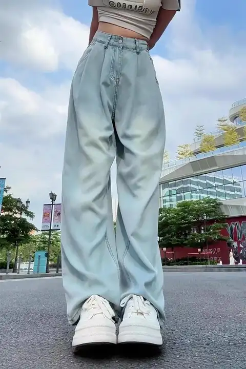 高腰天絲デニムパンツ【梨型体型対応・夏用・フィット・ワイドレッグ】