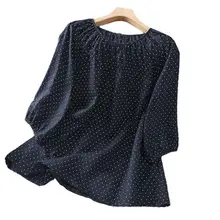 ヴィンテージ風 麻製ドット柄 半袖プルオーバーシャツ【夏用・ルーズフィット・ラウンドネック】