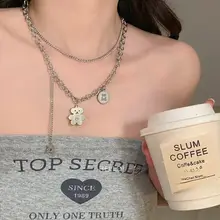 チタン製ダブルレイヤー小熊ペンダントネックレス【ヒップホップスタイル・女性用・ロックチェーンデザイン】